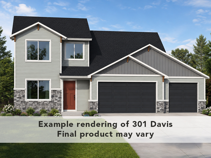 Example Rendering of 301 Davis Dr featuring gray siding and a bright red door.
